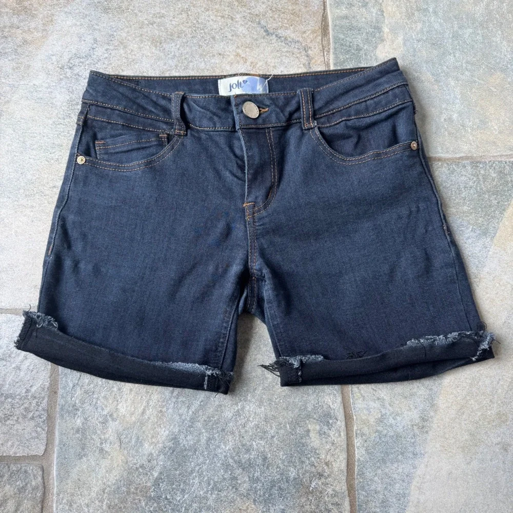Y2K Jolt Dark Wash Denim Shorts Size 5 Stretchy Mid-Length Vintage